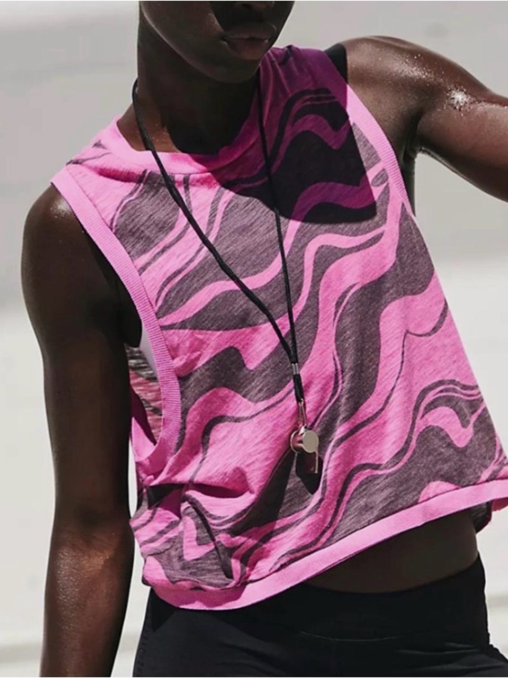 FP Movement by Free People Pink and Black Wave-Print Cropped Tank